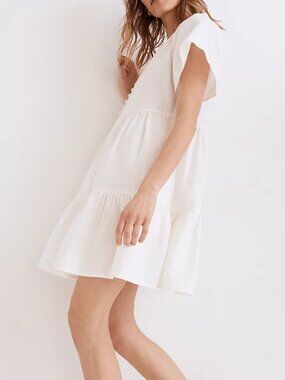 Embroidered Linen-Blend Flutter-Sleeve Mini Dress, M, White